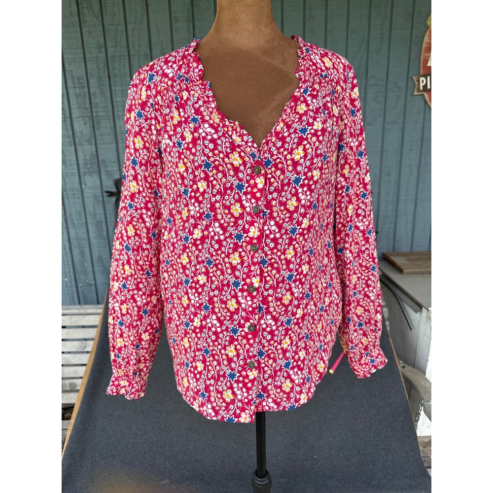 Maeve Anthropologie Pink Floral Star Ruffle V-Neck Button Down Blouse Size 6